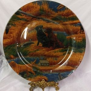 DECOUPAGE Glass Plate, Country Scenery,Cabin Dogs Water Stream Winter 10" Decor